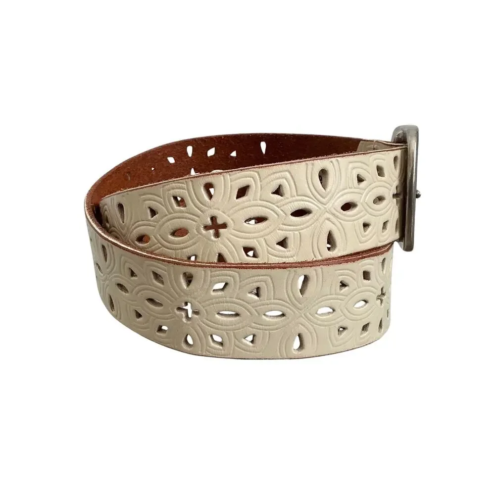 Fossil Western Floral Geometric Embossed Laser Cut Ivory Leather Belt Size S